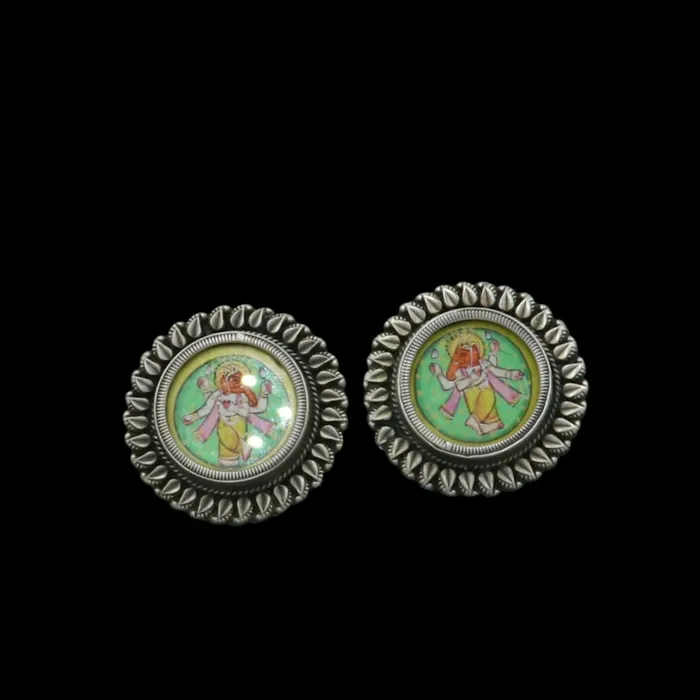 Earrings TRIBAL ORNAMENTS 925 sterling silver lord Ganesha painting miniature art Painting hoops earring s1337 Earrings TRIBAL ORNAMENTS 925 sterling silver lord Ganesha painting miniature art Painting hoops earring s1337