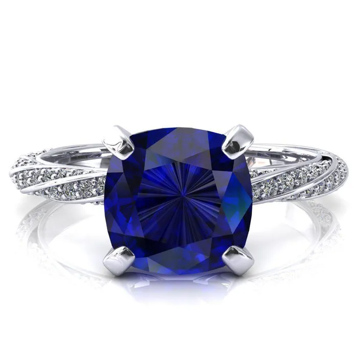 Elysia Cushion Blue Sapphire 4 Prong 34 Eternity Diamond Accent Ring Fire Brilliance Rings Elysia Cushion Blue Sapphire 4 Prong 34 Eternity Diamond Accent Ring Fire Brilliance Rings