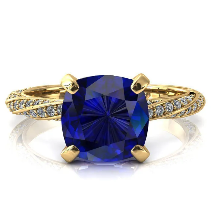 Elysia Cushion Blue Sapphire 4 Prong 34 Eternity Diamond Accent Ring Fire Brilliance Rings