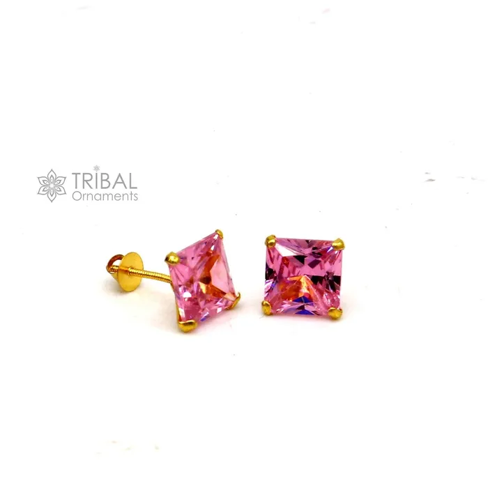 Exclusive 14kt yellow gold handmade single cubic zircon stone square shape stud earring cartilage customized unisex jewelry er180 TRIBAL ORNAMENTS Earrings Exclusive 14kt yellow gold handmade single cubic zircon stone square shape stud earring cartilage customized unisex jewelry er180 TRIBAL ORNAMENTS Earrings