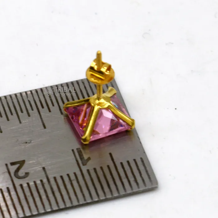 Exclusive 14kt yellow gold handmade single cubic zircon stone square shape stud earring cartilage customized unisex jewelry er180 TRIBAL ORNAMENTS Earrings Exclusive 14kt yellow gold handmade single cubic zircon stone square shape stud earring cartilage customized unisex jewelry er180 TRIBAL ORNAMENTS Earrings