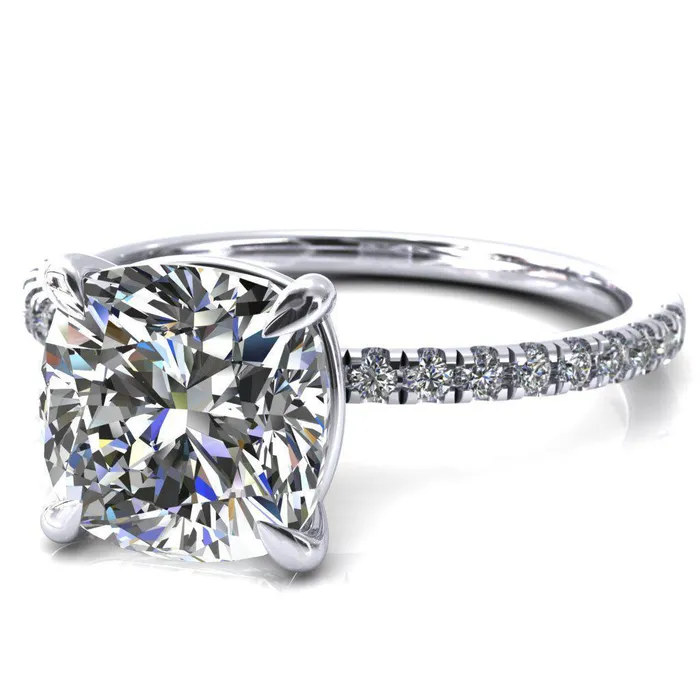 Fire Brilliance Alessandra Cushion Center Stone 4 Claw Prong Diamond Accent Engagement Ring Rings