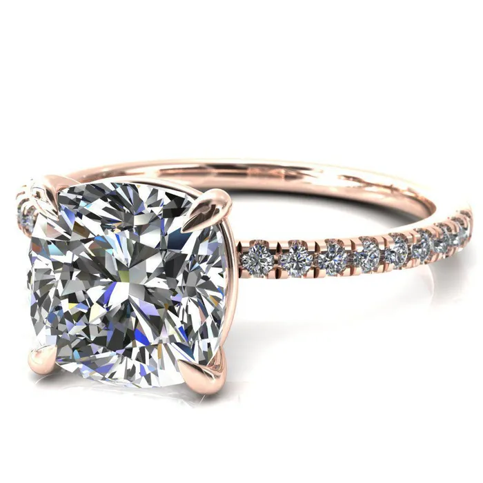 Fire Brilliance Alessandra Cushion Center Stone 4 Claw Prong Diamond Accent Engagement Ring Rings