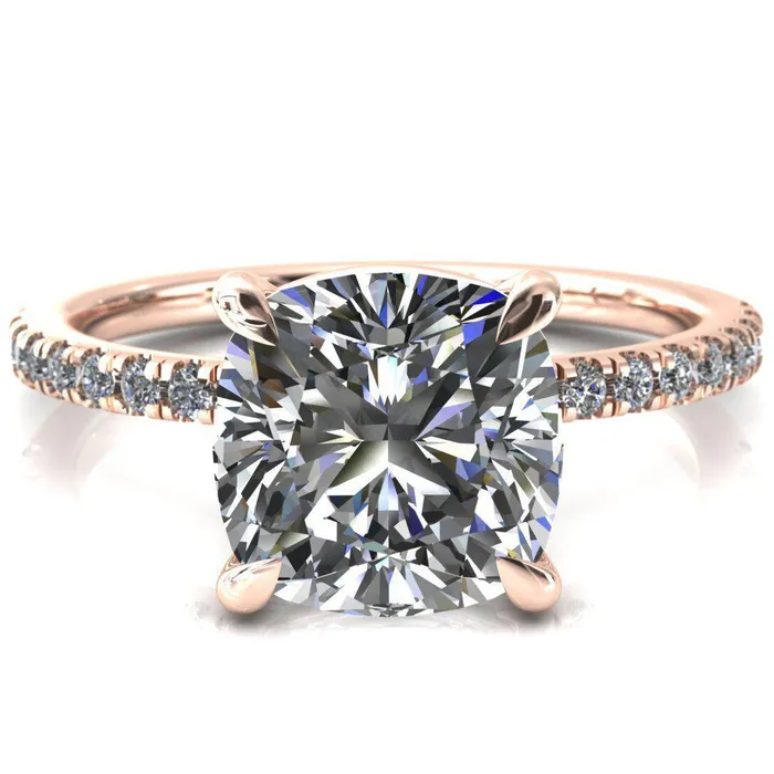 Fire Brilliance Alessandra Cushion Center Stone 4 Claw Prong Diamond Accent Engagement Ring Rings
