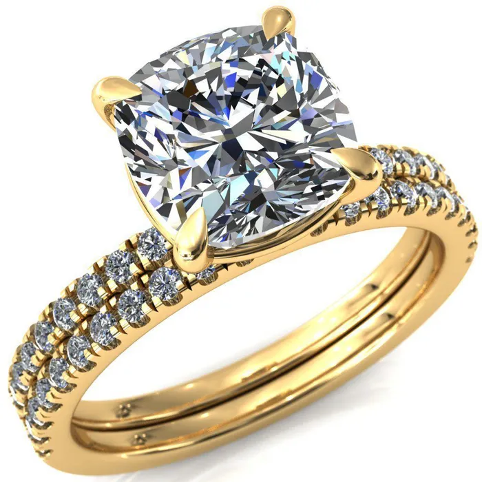 Fire Brilliance Alessandra Cushion Center Stone 4 Claw Prong Diamond Accent Engagement Ring Rings