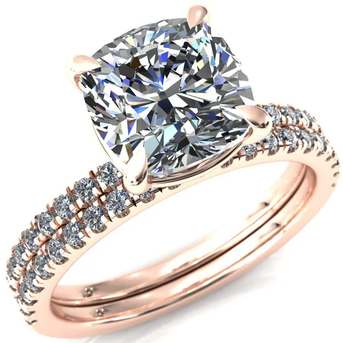 Fire Brilliance Alessandra Cushion Center Stone 4 Claw Prong Diamond Accent Engagement Ring Rings
