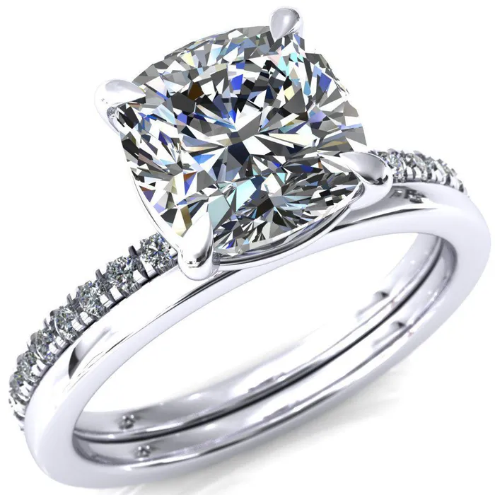 Fire Brilliance Alessandra Cushion Center Stone 4 Claw Prong Diamond Accent Engagement Ring Rings