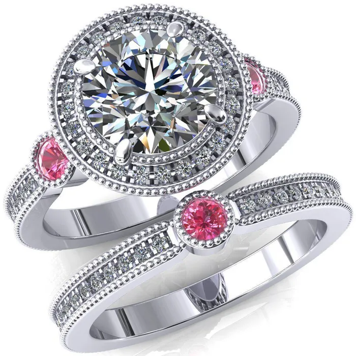Fire Brilliance Brachium Round Center Stone Pink Sapphire Bezel Milgrain Halo 34 Eternity Accent Diamond Ring Rings