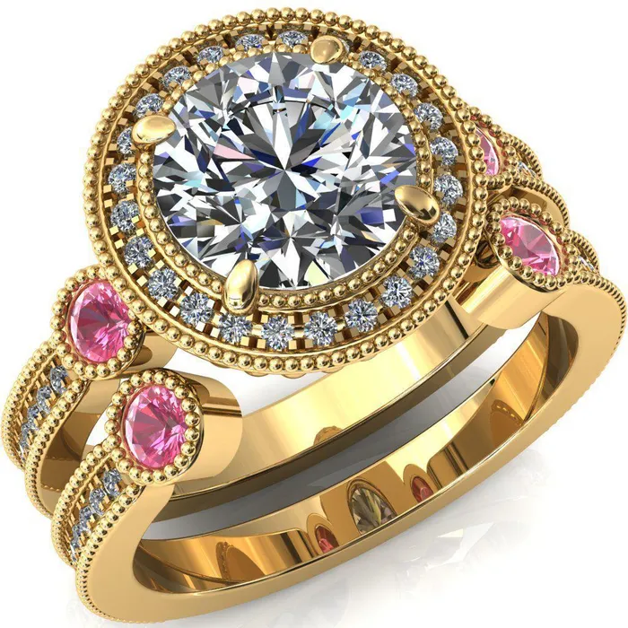 Fire Brilliance Brachium Round Center Stone Pink Sapphire Bezel Milgrain Halo 34 Eternity Accent Diamond Ring Rings