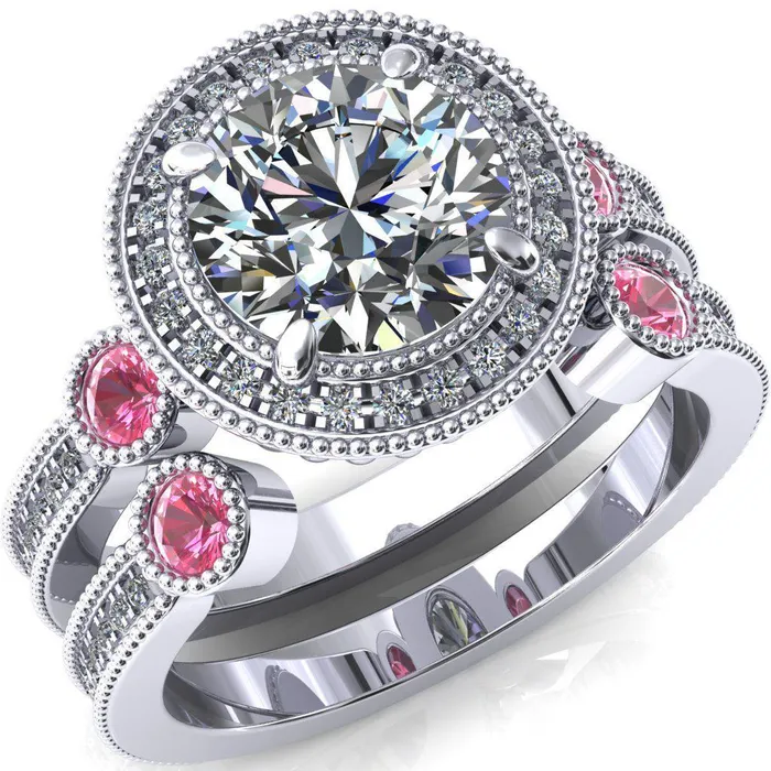 Fire Brilliance Brachium Round Center Stone Pink Sapphire Bezel Milgrain Halo 34 Eternity Accent Diamond Ring Rings
