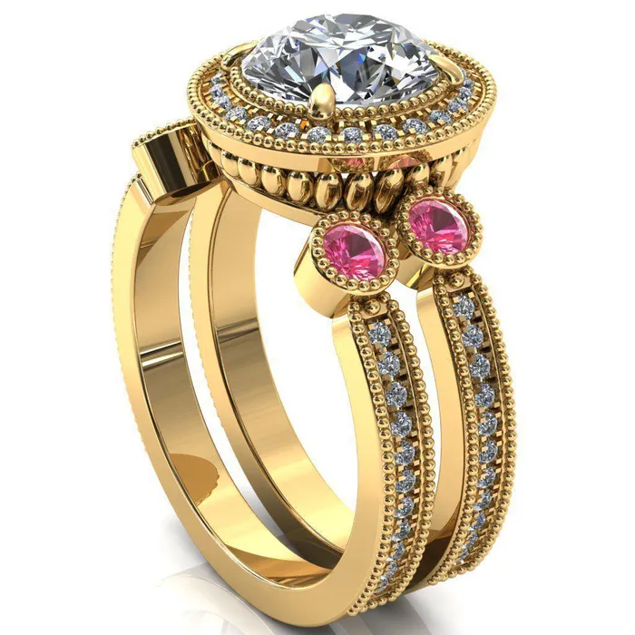 Fire Brilliance Brachium Round Center Stone Pink Sapphire Bezel Milgrain Halo 34 Eternity Accent Diamond Ring Rings