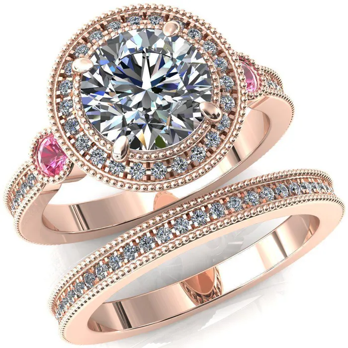 Fire Brilliance Brachium Round Center Stone Pink Sapphire Bezel Milgrain Halo 34 Eternity Accent Diamond Ring Rings