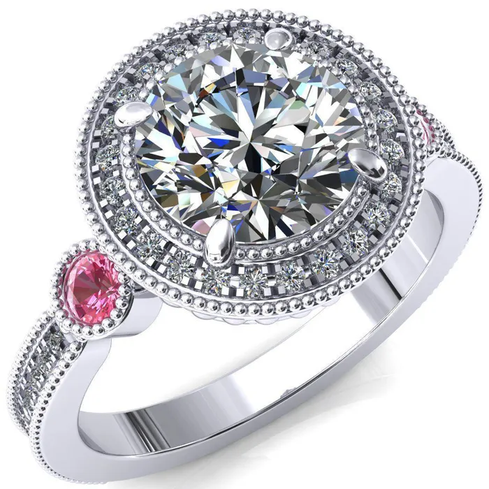 Fire Brilliance Brachium Round Center Stone Pink Sapphire Bezel Milgrain Halo 34 Eternity Accent Diamond Ring Rings