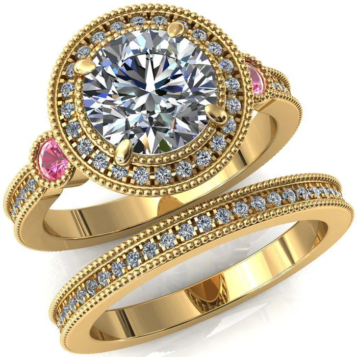 Fire Brilliance Brachium Round Center Stone Pink Sapphire Bezel Milgrain Halo 34 Eternity Accent Diamond Ring Rings