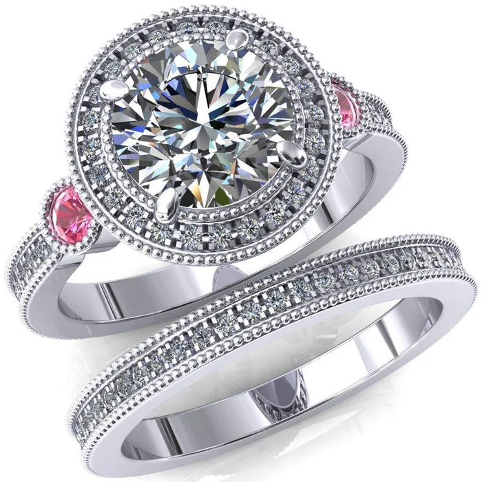 Fire Brilliance Brachium Round Center Stone Pink Sapphire Bezel Milgrain Halo 34 Eternity Accent Diamond Ring Rings