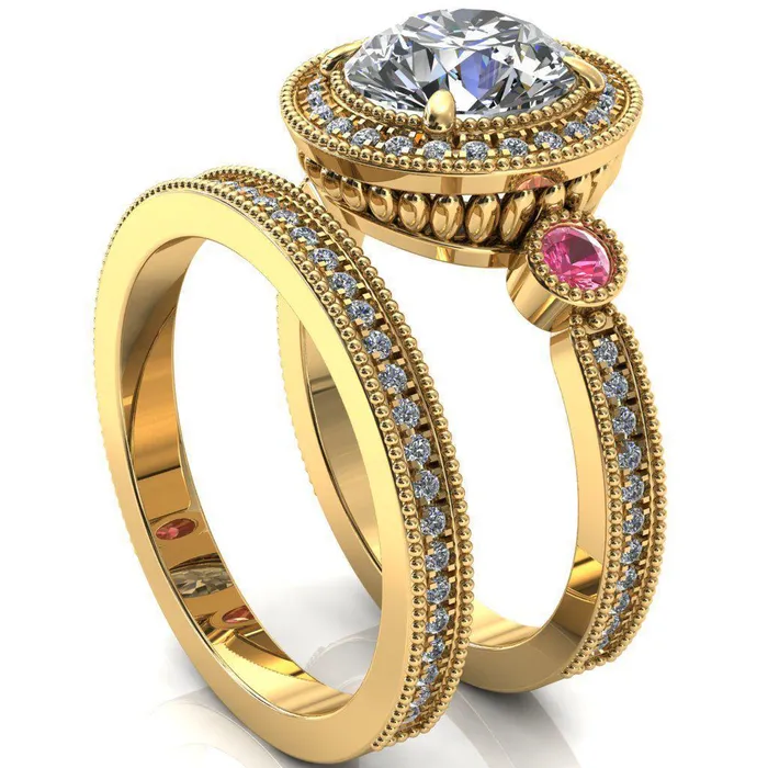 Fire Brilliance Brachium Round Center Stone Pink Sapphire Bezel Milgrain Halo 34 Eternity Accent Diamond Ring Rings
