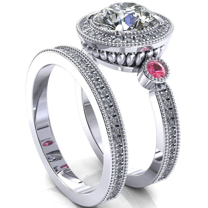 Fire Brilliance Brachium Round Center Stone Pink Sapphire Bezel Milgrain Halo 34 Eternity Accent Diamond Ring Rings