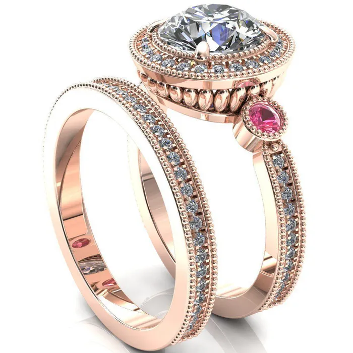 Fire Brilliance Brachium Round Center Stone Pink Sapphire Bezel Milgrain Halo 34 Eternity Accent Diamond Ring Rings