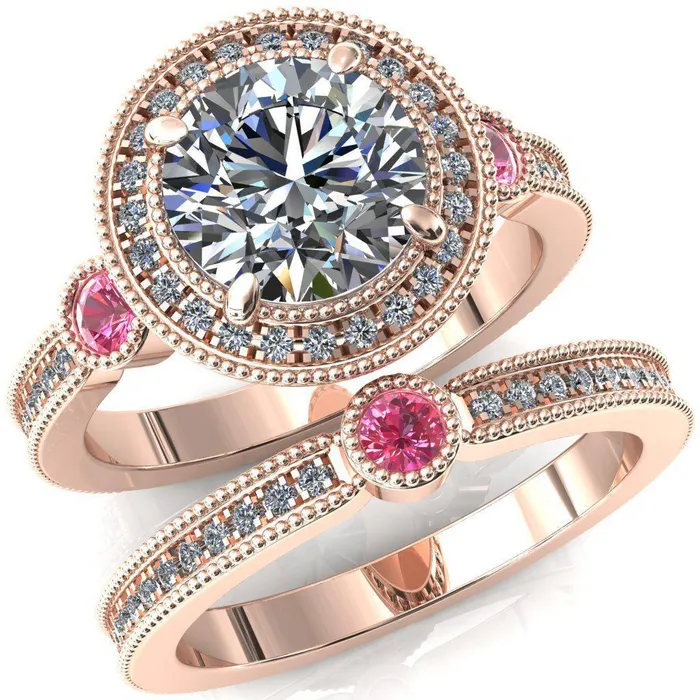 Fire Brilliance Brachium Round Center Stone Pink Sapphire Bezel Milgrain Halo 34 Eternity Accent Diamond Ring Rings