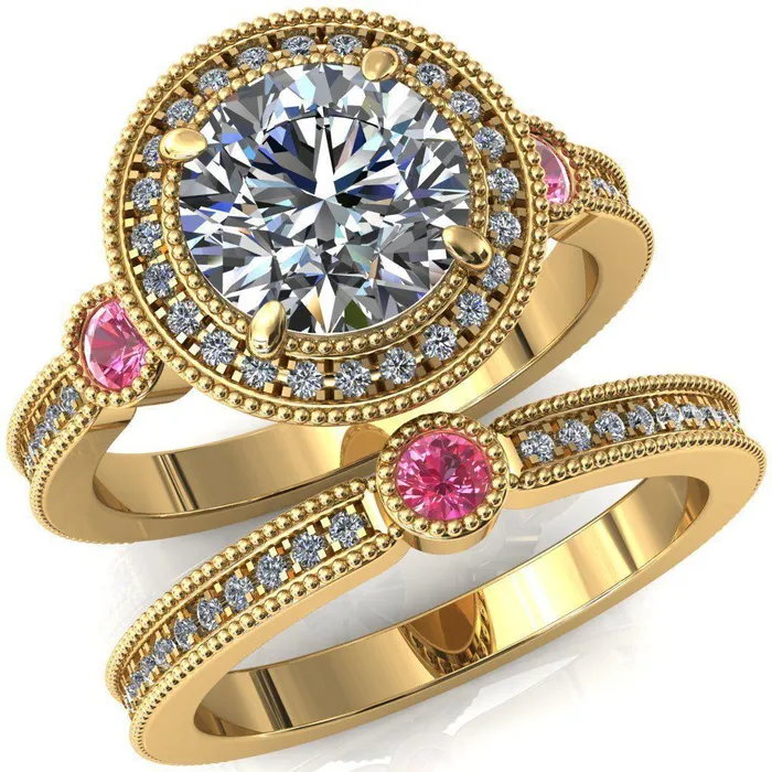 Fire Brilliance Brachium Round Center Stone Pink Sapphire Bezel Milgrain Halo 34 Eternity Accent Diamond Ring Rings