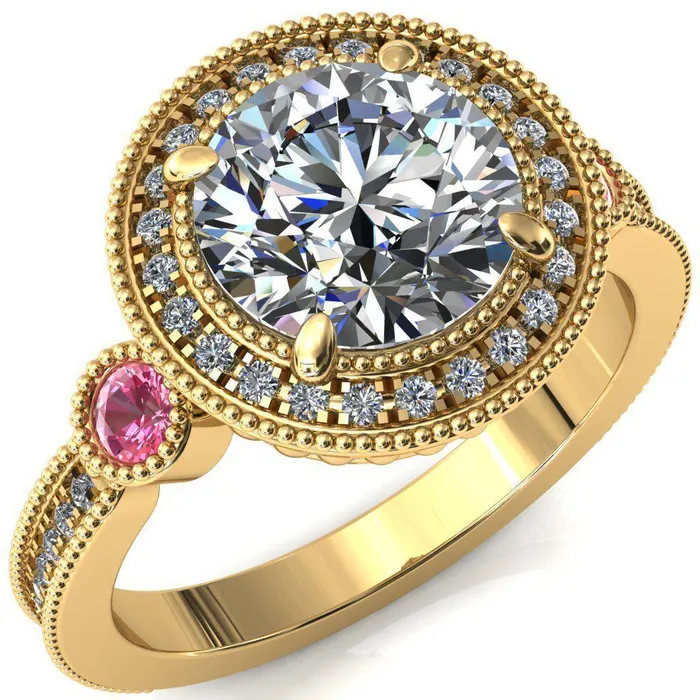 Fire Brilliance Brachium Round Center Stone Pink Sapphire Bezel Milgrain Halo 34 Eternity Accent Diamond Ring Rings