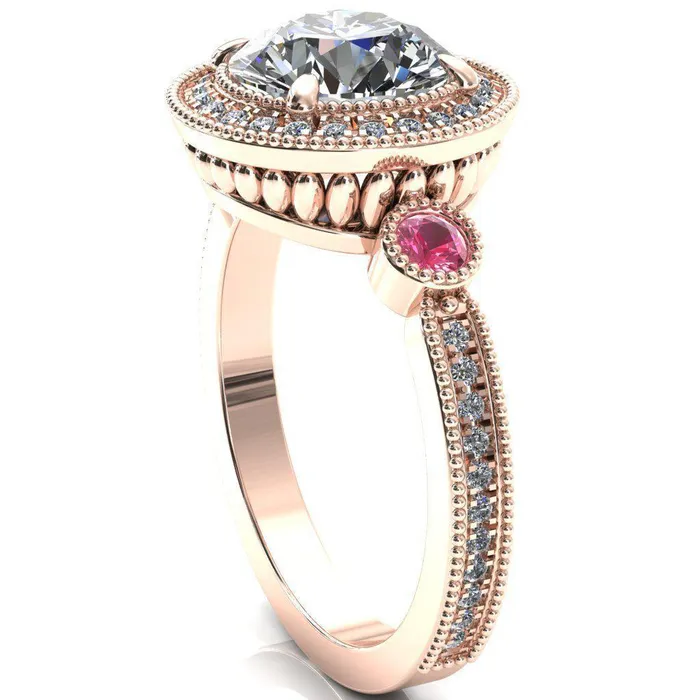 Fire Brilliance Brachium Round Center Stone Pink Sapphire Bezel Milgrain Halo 34 Eternity Accent Diamond Ring Rings