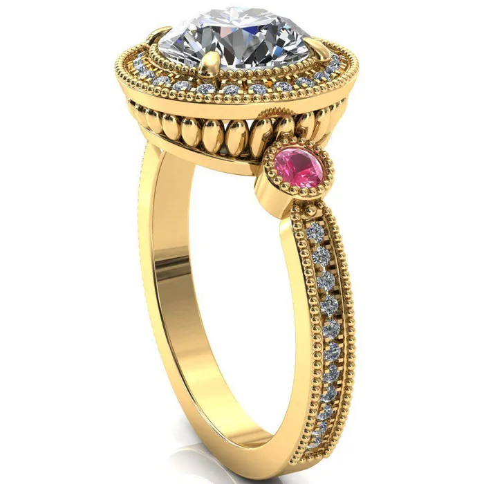 Fire Brilliance Brachium Round Center Stone Pink Sapphire Bezel Milgrain Halo 34 Eternity Accent Diamond Ring Rings