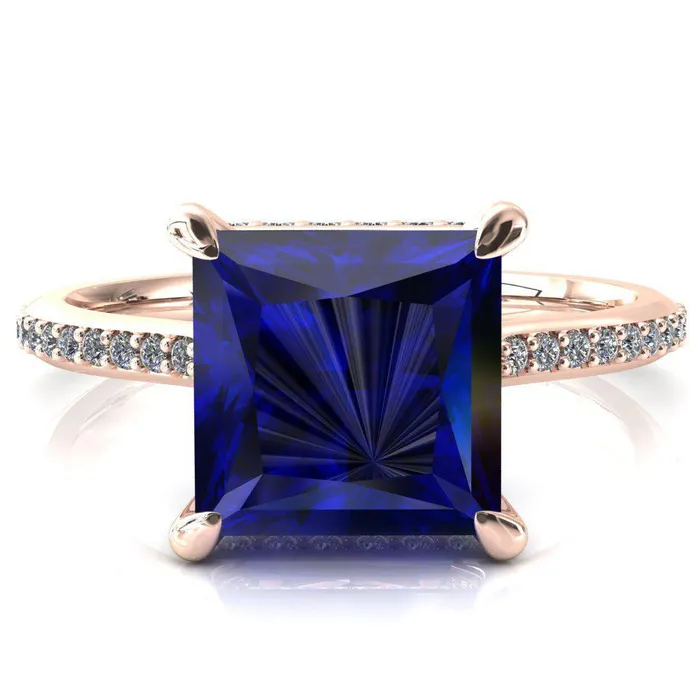 Fire Brilliance Kiki Princess Blue Sapphire 4 Prongs Claw Floating Halo 12 Pinpoint Inverted Cathedral Ring Rings