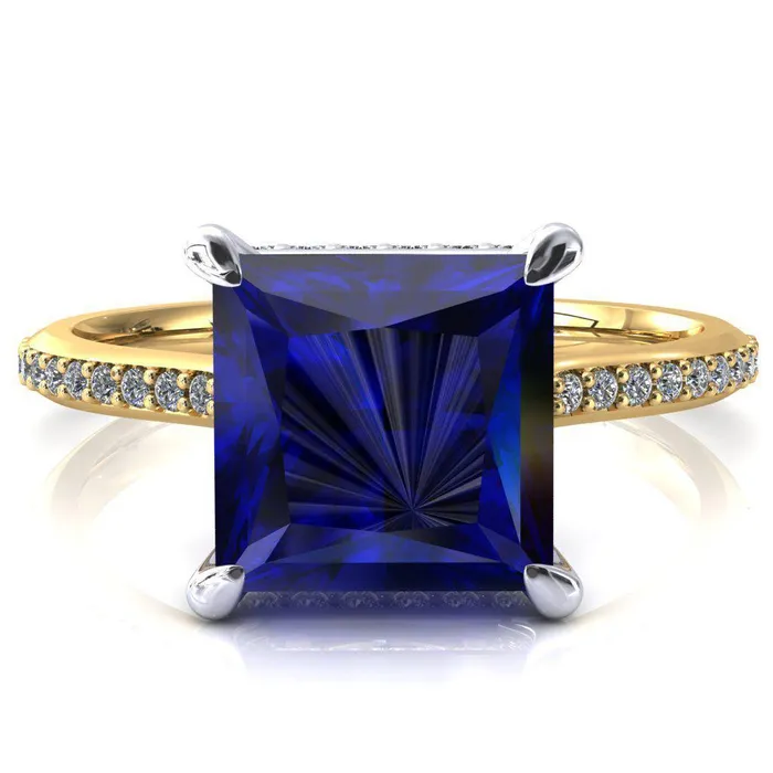 Fire Brilliance Kiki Princess Blue Sapphire 4 Prongs Claw Floating Halo 12 Pinpoint Inverted Cathedral Ring Rings