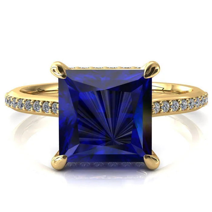 Fire Brilliance Kiki Princess Blue Sapphire 4 Prongs Claw Floating Halo 12 Pinpoint Inverted Cathedral Ring Rings