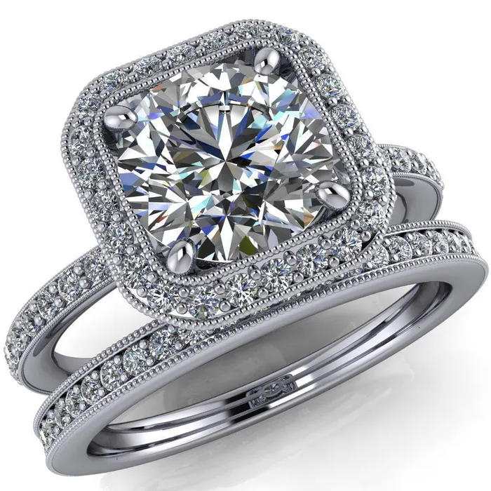 Fire Brilliance Monica Round Center Stone with Cushion Diamond Halo Milgrain Ring Rings