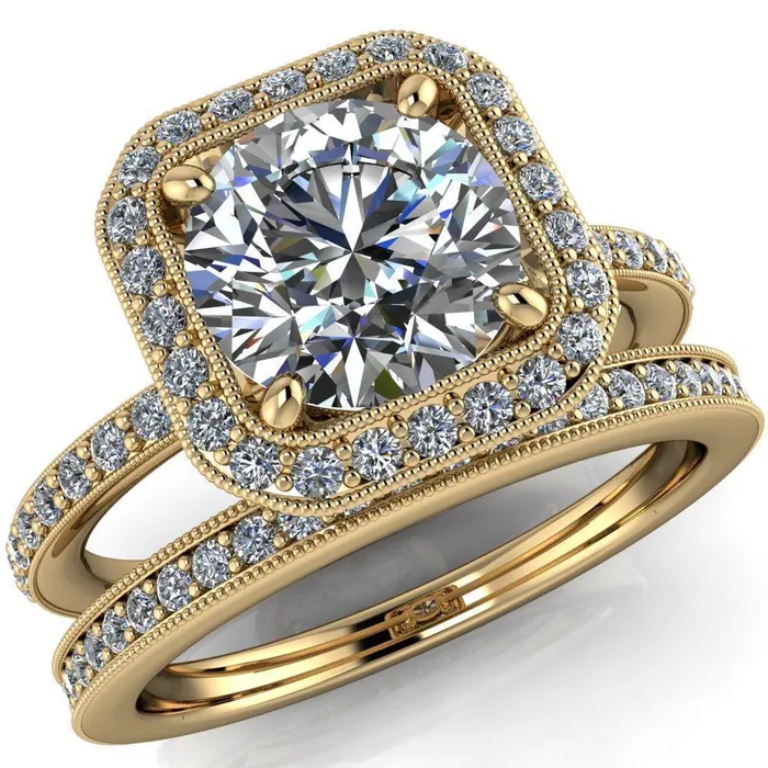 Fire Brilliance Monica Round Center Stone with Cushion Diamond Halo Milgrain Ring Rings