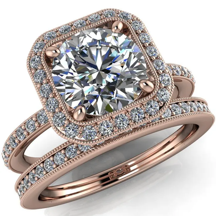 Fire Brilliance Monica Round Center Stone with Cushion Diamond Halo Milgrain Ring Rings