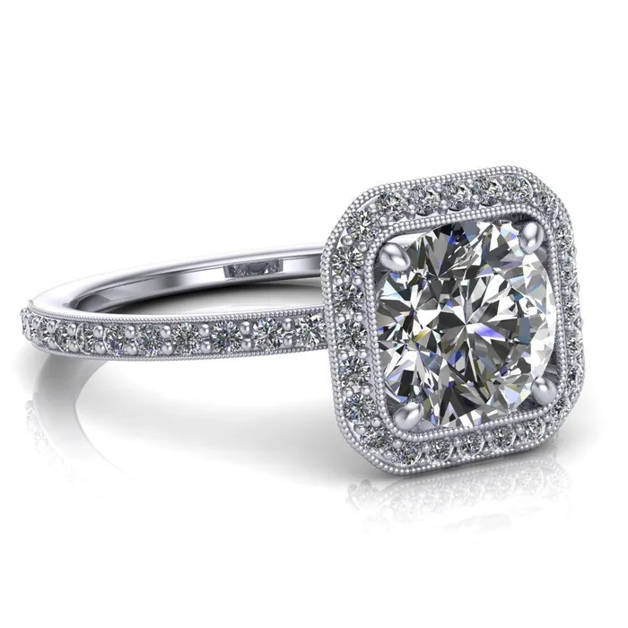 Fire Brilliance Monica Round Center Stone with Cushion Diamond Halo Milgrain Ring Rings