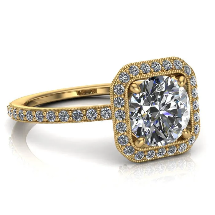 Fire Brilliance Monica Round Center Stone with Cushion Diamond Halo Milgrain Ring Rings