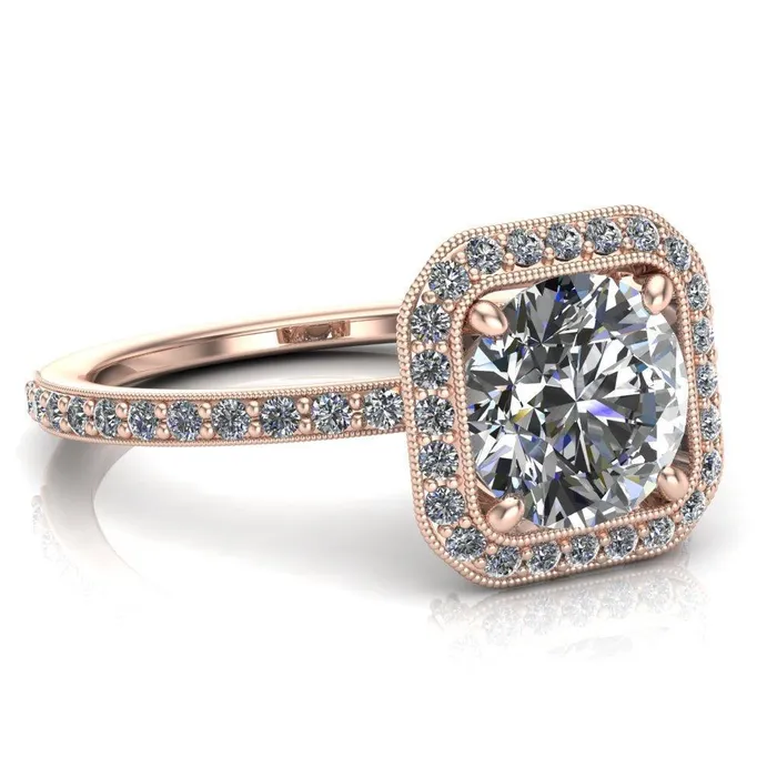 Fire Brilliance Monica Round Center Stone with Cushion Diamond Halo Milgrain Ring Rings