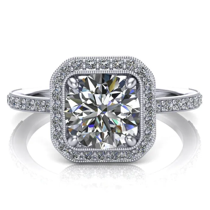 Fire Brilliance Monica Round Center Stone with Cushion Diamond Halo Milgrain Ring Rings