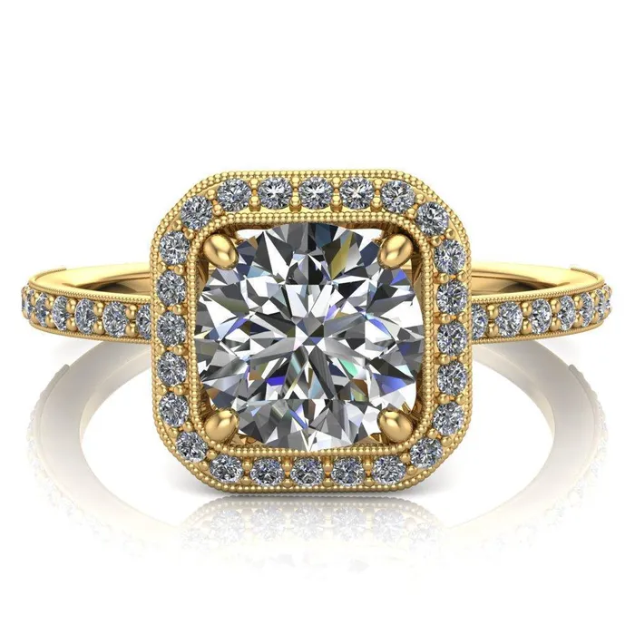 Fire Brilliance Monica Round Center Stone with Cushion Diamond Halo Milgrain Ring Rings