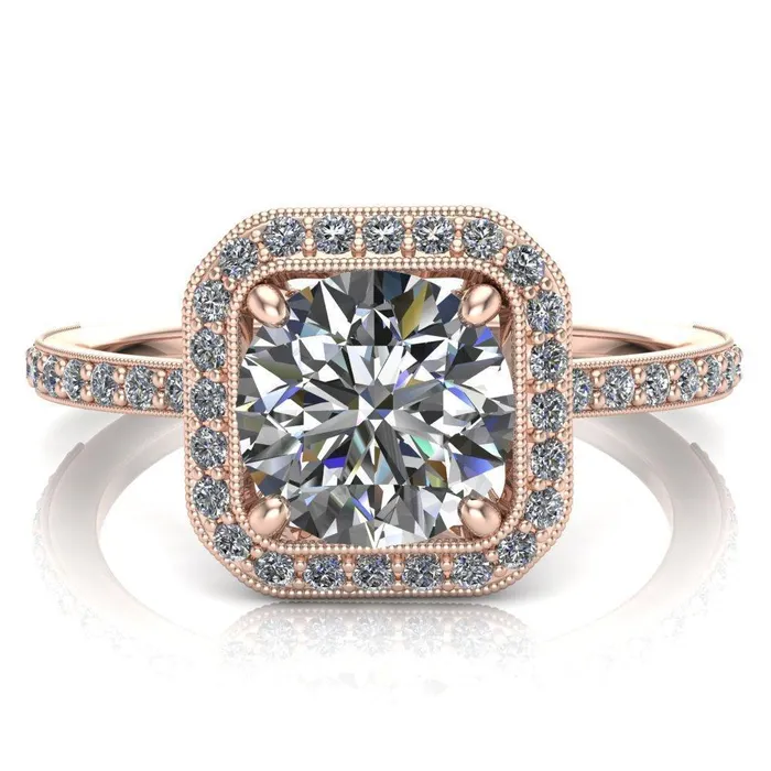 Fire Brilliance Monica Round Center Stone with Cushion Diamond Halo Milgrain Ring Rings