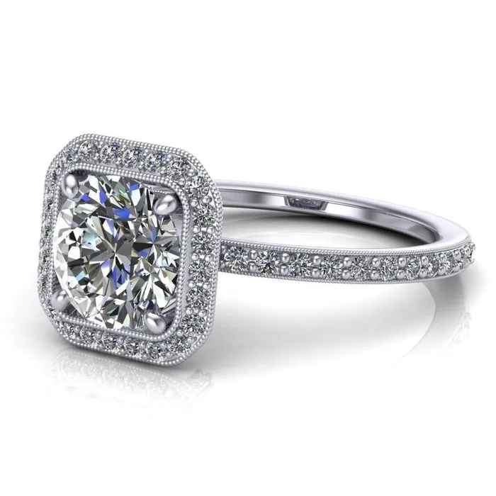 Fire Brilliance Monica Round Center Stone with Cushion Diamond Halo Milgrain Ring Rings
