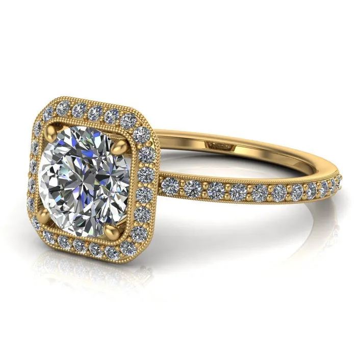 Fire Brilliance Monica Round Center Stone with Cushion Diamond Halo Milgrain Ring Rings