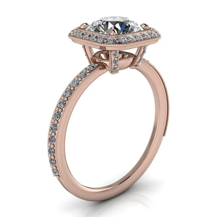 Fire Brilliance Monica Round Center Stone with Cushion Diamond Halo Milgrain Ring Rings