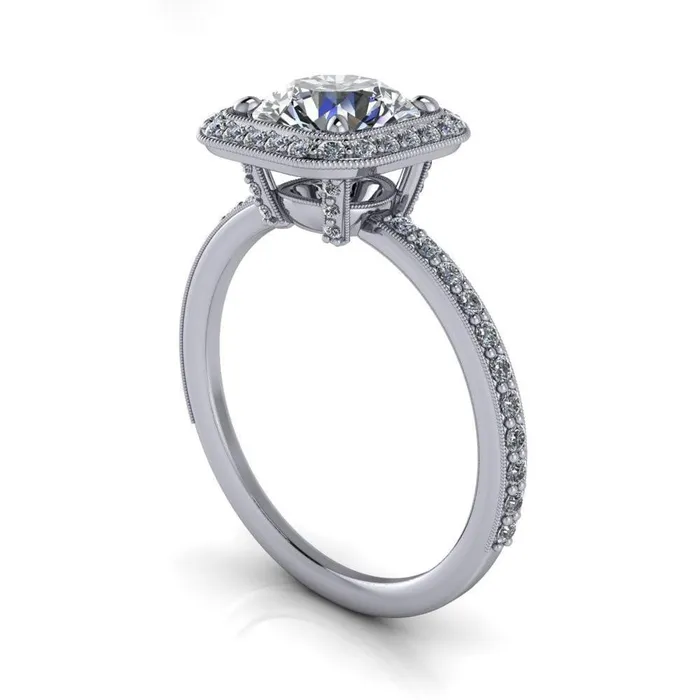 Fire Brilliance Monica Round Center Stone with Cushion Diamond Halo Milgrain Ring Rings