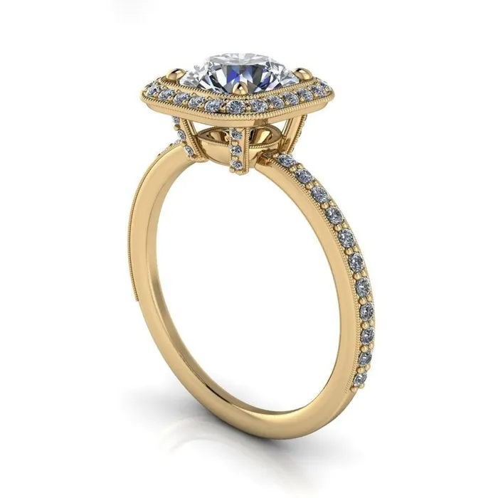 Fire Brilliance Monica Round Center Stone with Cushion Diamond Halo Milgrain Ring Rings