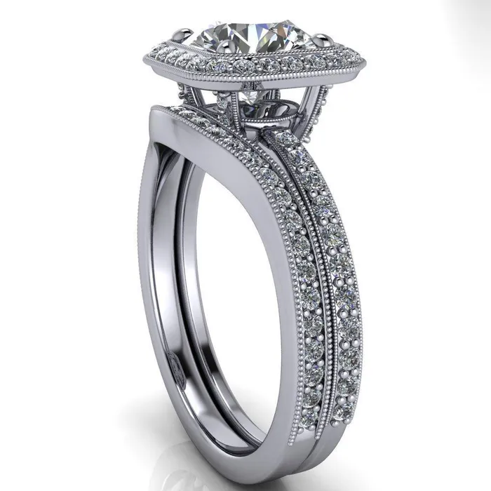 Fire Brilliance Monica Round Center Stone with Cushion Diamond Halo Milgrain Ring Rings