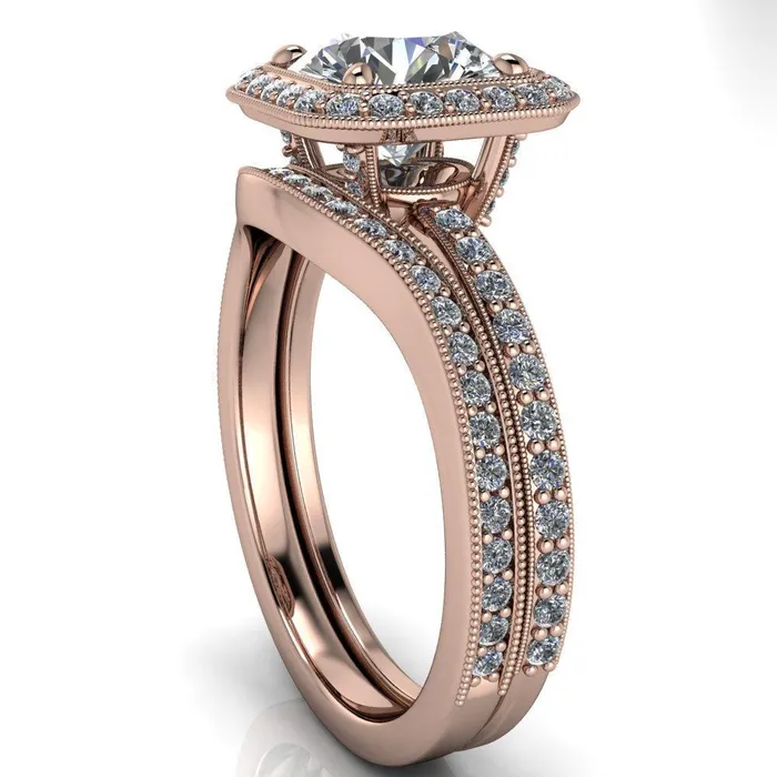 Fire Brilliance Monica Round Center Stone with Cushion Diamond Halo Milgrain Ring Rings