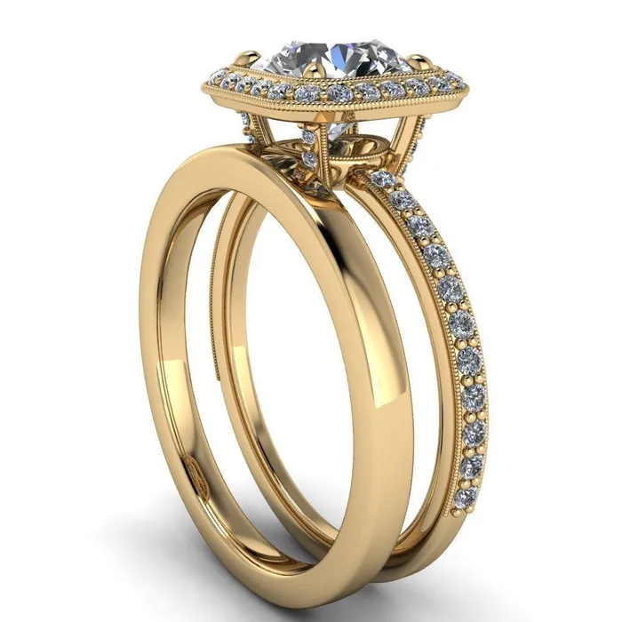 Fire Brilliance Monica Round Center Stone with Cushion Diamond Halo Milgrain Ring Rings