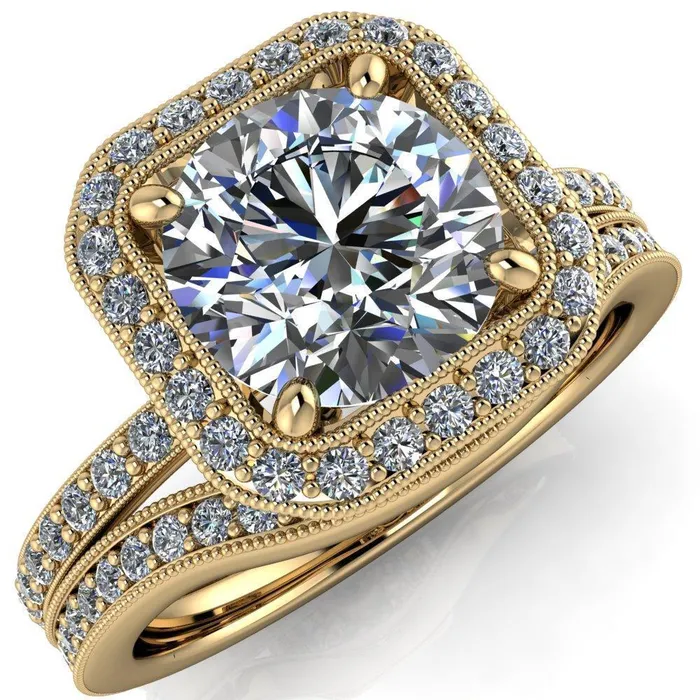 Fire Brilliance Monica Round Center Stone with Cushion Diamond Halo Milgrain Ring Rings