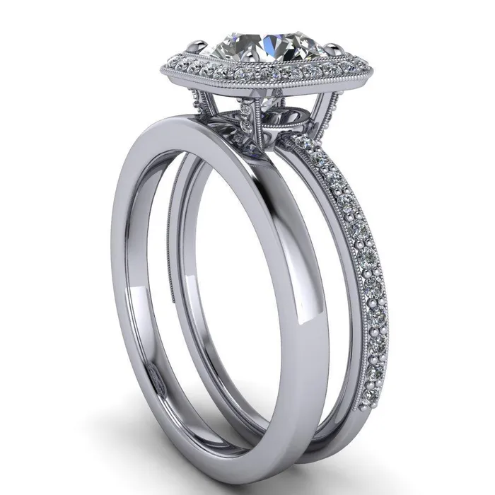 Fire Brilliance Monica Round Center Stone with Cushion Diamond Halo Milgrain Ring Rings