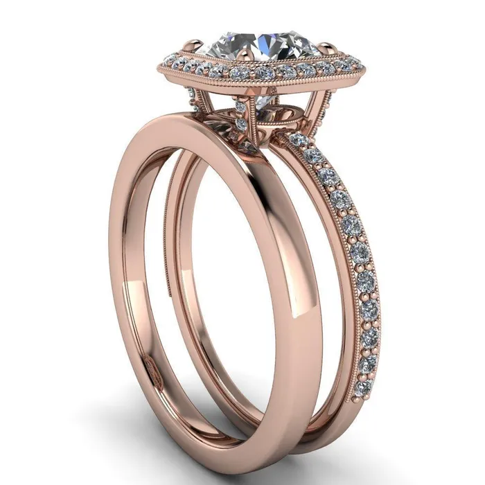 Fire Brilliance Monica Round Center Stone with Cushion Diamond Halo Milgrain Ring Rings